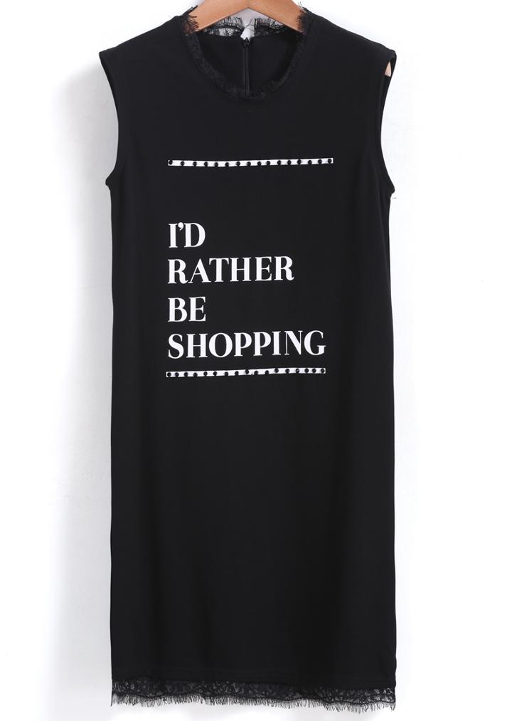 Romwe Lace Hem Letter Print Black Tank Top