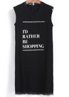 Romwe Lace Hem Letter Print Black Tank Top