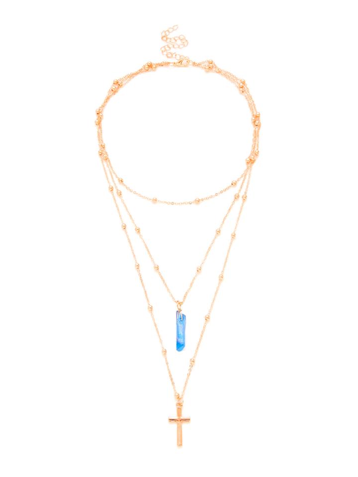Romwe Cross & Stone Pendant Layered Necklace