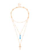 Romwe Cross & Stone Pendant Layered Necklace