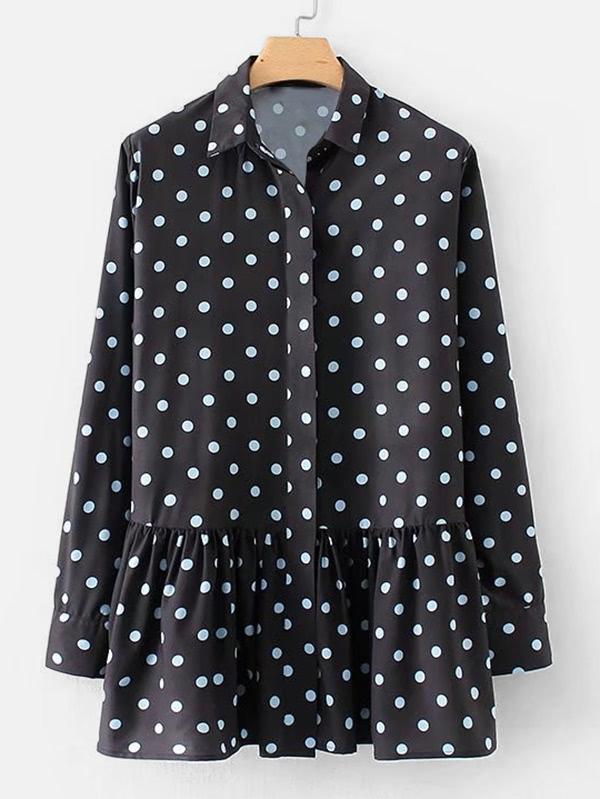 Romwe Polka Dot Longline Peplum Blouse