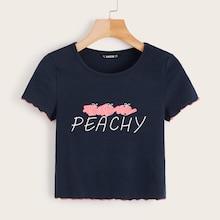 Romwe Letter & Fruit Print Lettuce Trim Rib-knit Top