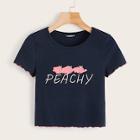 Romwe Letter & Fruit Print Lettuce Trim Rib-knit Top