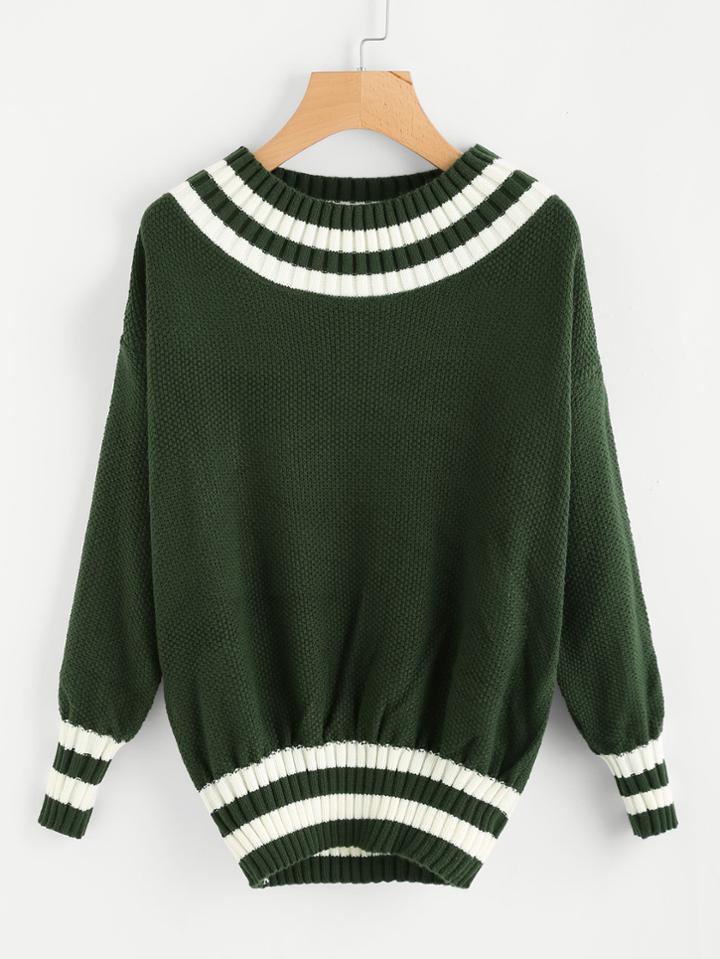 Romwe Drop Shoulder Contrast Striped Trim Sweater