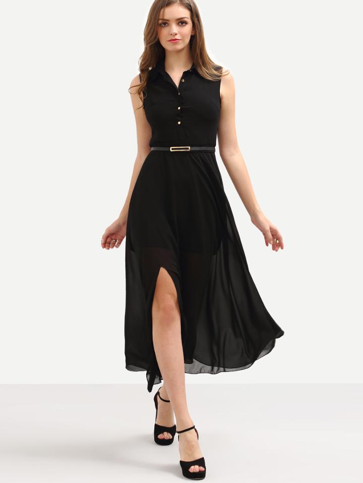 Romwe Belted Sleeveless Chiffon Shirt Dress - Black