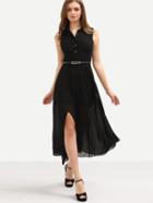 Romwe Belted Sleeveless Chiffon Shirt Dress - Black