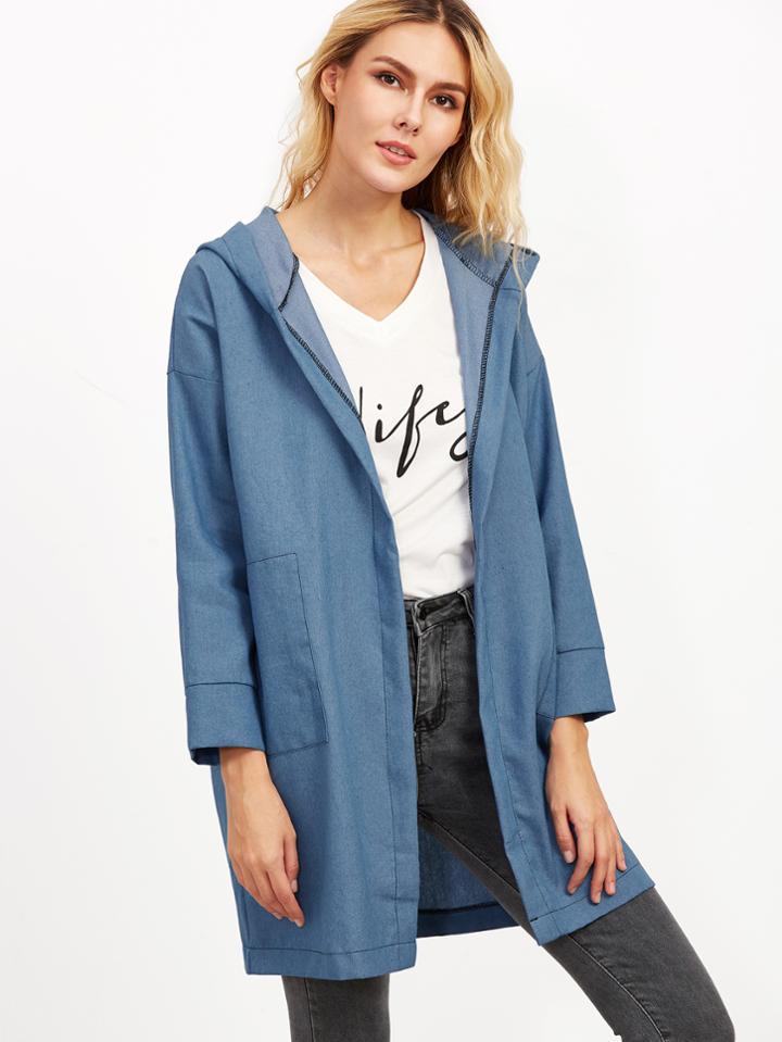 Romwe Blue Drop Shoulder Hooded Pockets Denim Coat