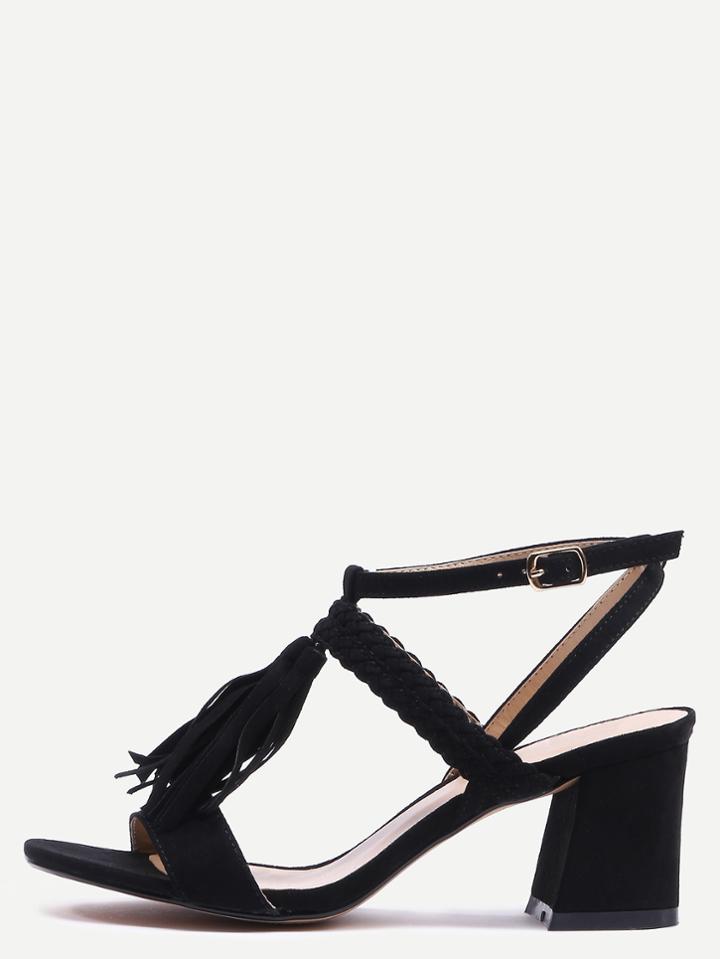 Romwe Braided Tassel Trimmed Sandals - Black