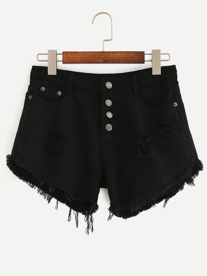 Romwe Black Ripped Fringe Single Breasted Denim Shorts