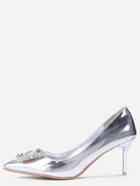 Romwe Silver Patent Leather Point Toe Jewelled Pumps