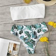 Romwe Bandeau With Tropical Print High Waist Bikini Set