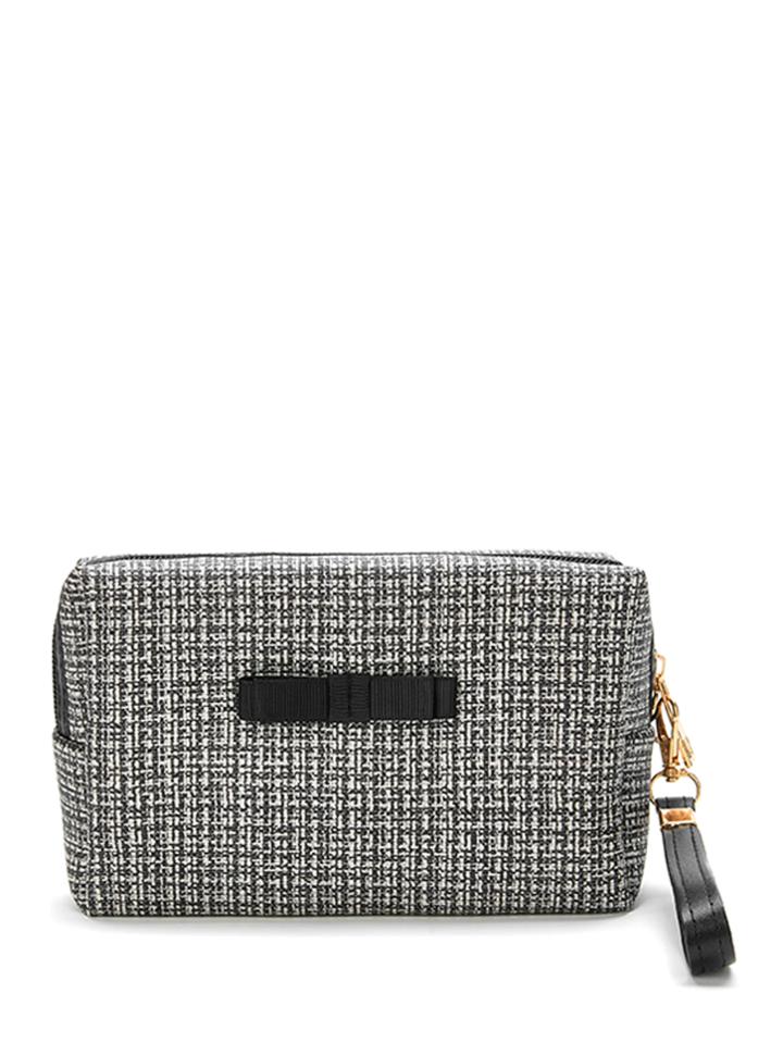 Romwe Tweed Zipper Makeup Bag With Wristlet
