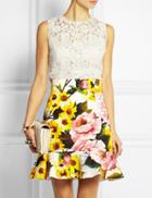 Romwe Sleeveless Lace Top With Peplum Hem Florals Skirt