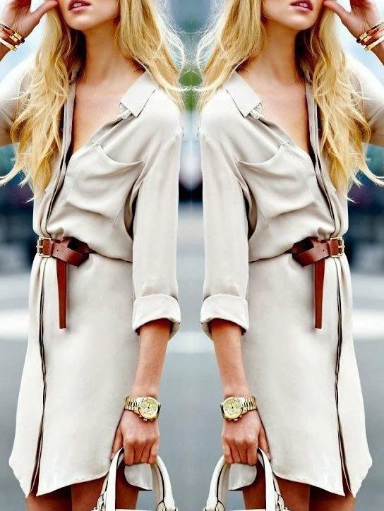 Romwe Lapel Pocket Shirt Apricot Dress