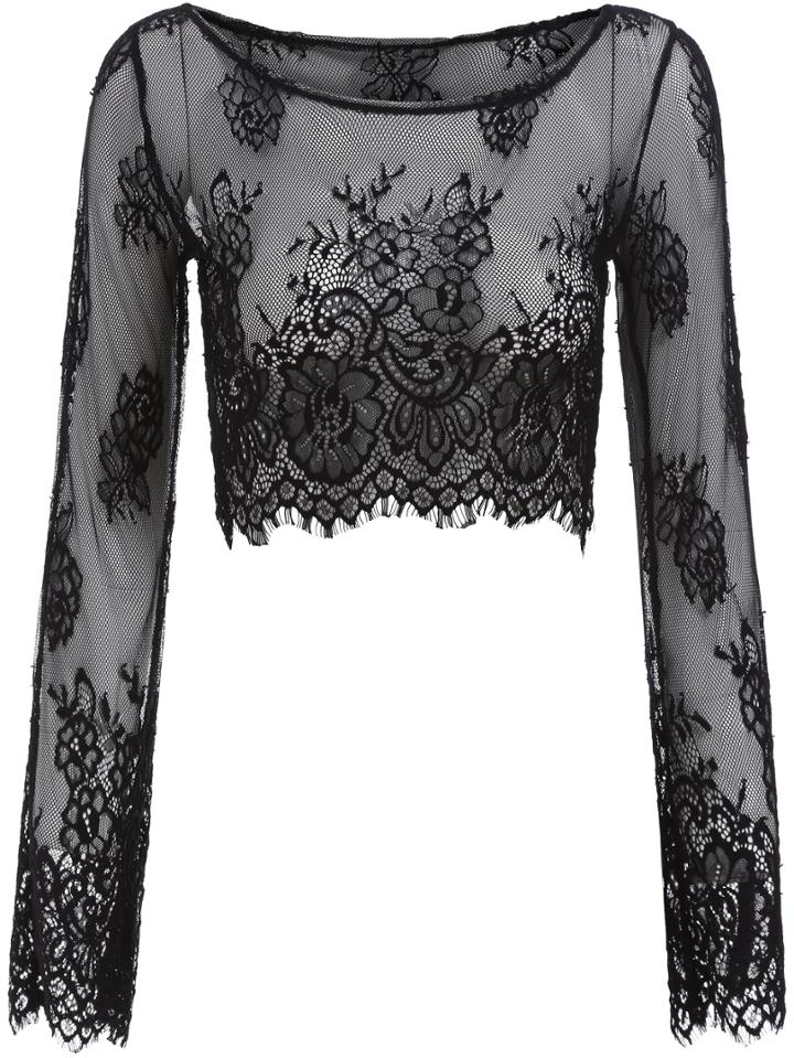 Romwe Long Sleeve Lace Embroidered Crop Top