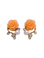 Romwe Orange Rose Shaped Artificial Pearl And Diamond Stud Earrings