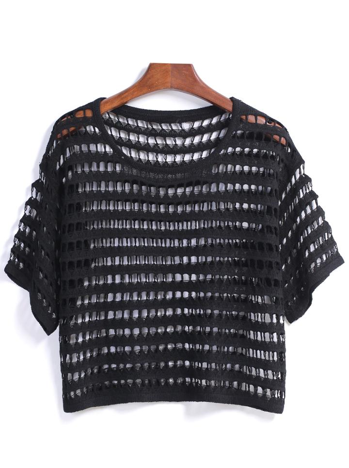 Romwe Short Sleeve Hollow Crop Black Blouse