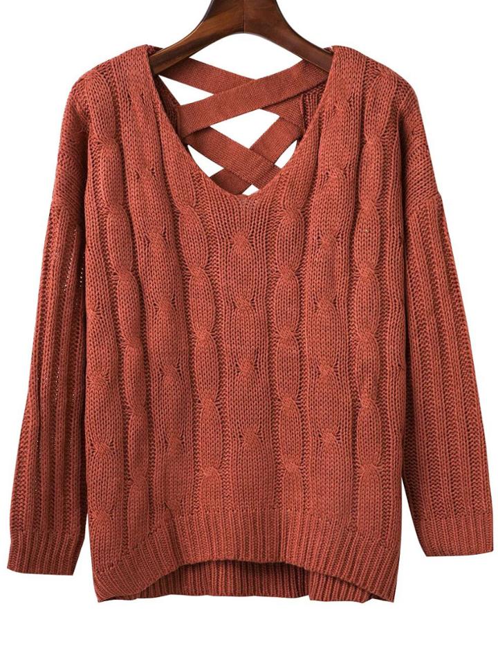 Romwe Brown Criss Cross Back V Neck Sweater