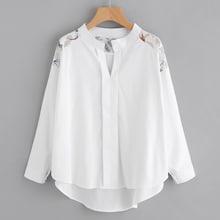 Romwe Bird Mesh Yoke Dip Hem Blouse