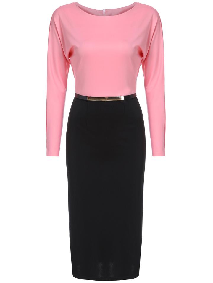 Romwe Color-block Long Sleeve Belt Dress