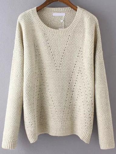 Romwe Women Long Sleeve Eyelet Grey Sweater