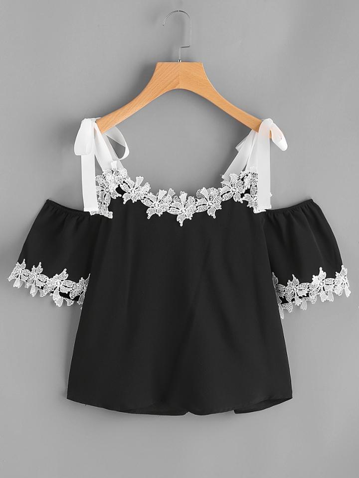 Romwe Open Shoulder Self Tie Contrast Lace Trim Blouse