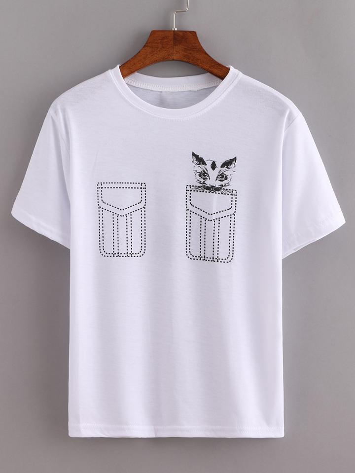Romwe White Cat Print False Pocket T-shirt