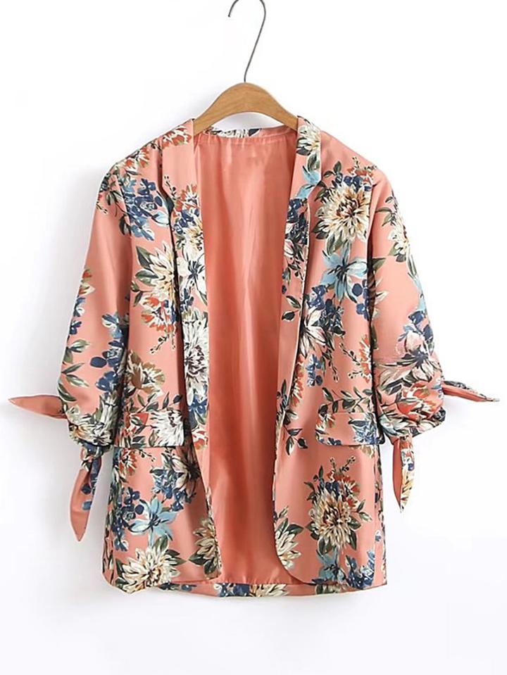 Romwe Floral Print Knot Cuff Open Front Blazer