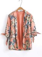 Romwe Floral Print Knot Cuff Open Front Blazer