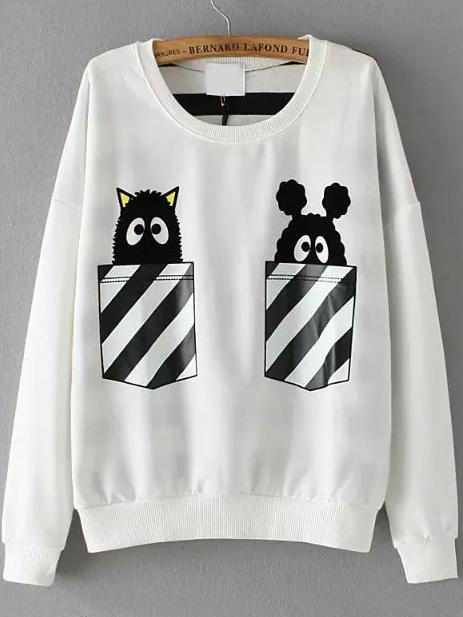 Romwe Monster Print Striped Pocket White Sweatshirt