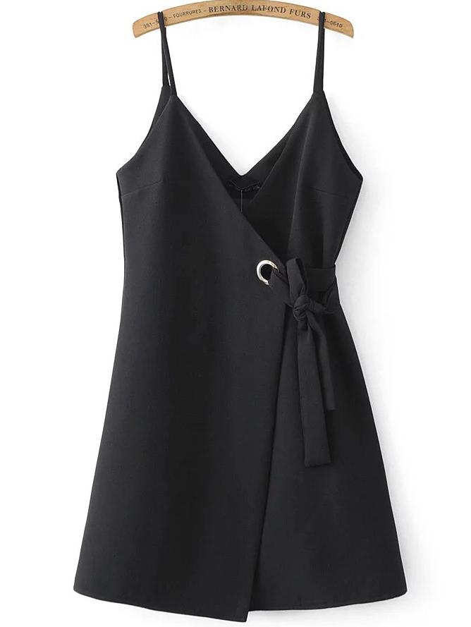 Romwe Black Spaghetti Strap Side Tie Asymmetrical Dress