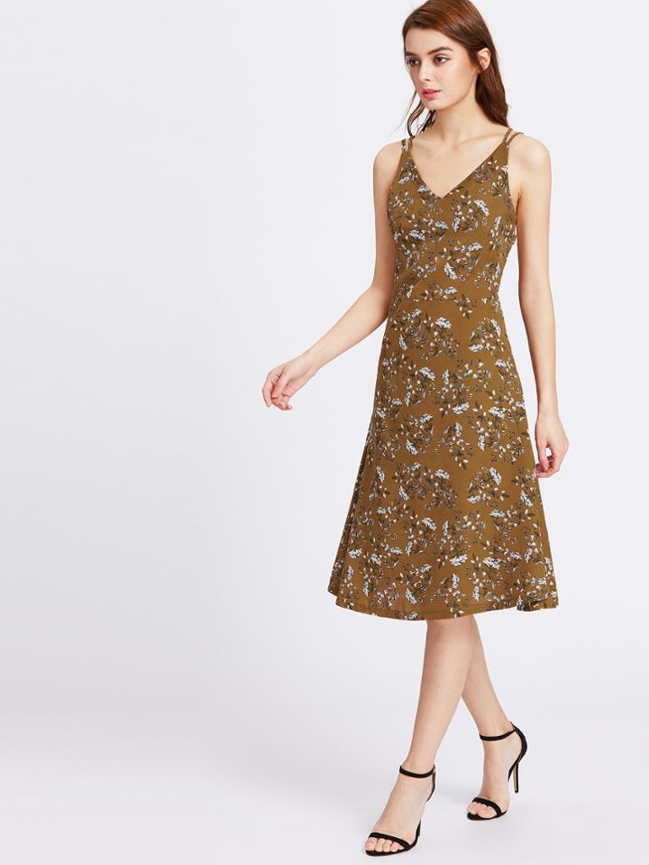 Romwe Botanical Print Strappy Back Below The Knee Dress