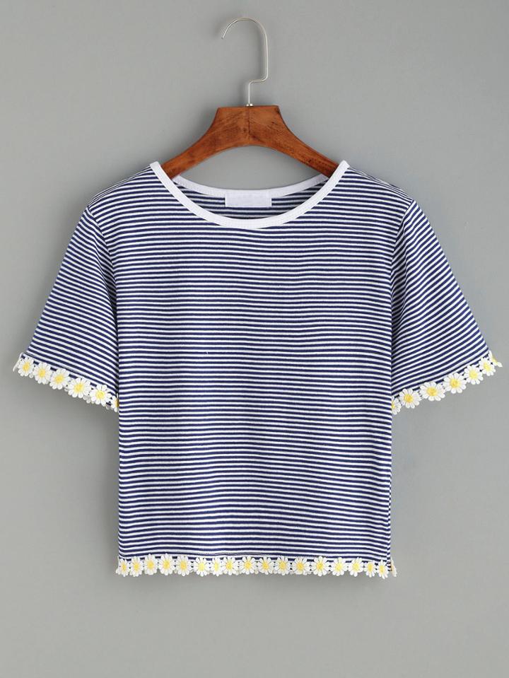 Romwe Blue Striped Daisy Crochet Trim T-shirt