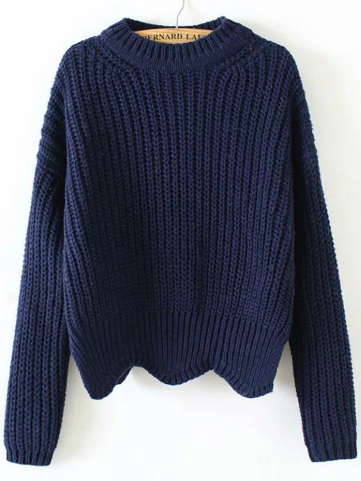 Romwe Navy Crew Neck Scalloped Hem Sweater