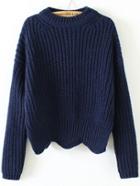 Romwe Navy Crew Neck Scalloped Hem Sweater