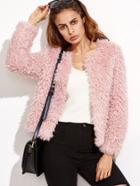 Romwe Pink Faux Fur Collarless Open Front Coat