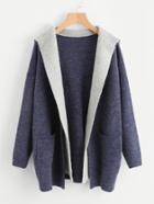 Romwe Contrast Hood Pocket Detail Open Front Sweater Coat