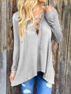 Romwe Deep V Neck Lace Up Grey T-shirt