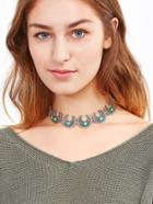 Romwe Antique Silver Turquoise Geometric Carved Choker Necklace