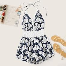 Romwe Halter Contrast Guipure Lace Floral Print Romper