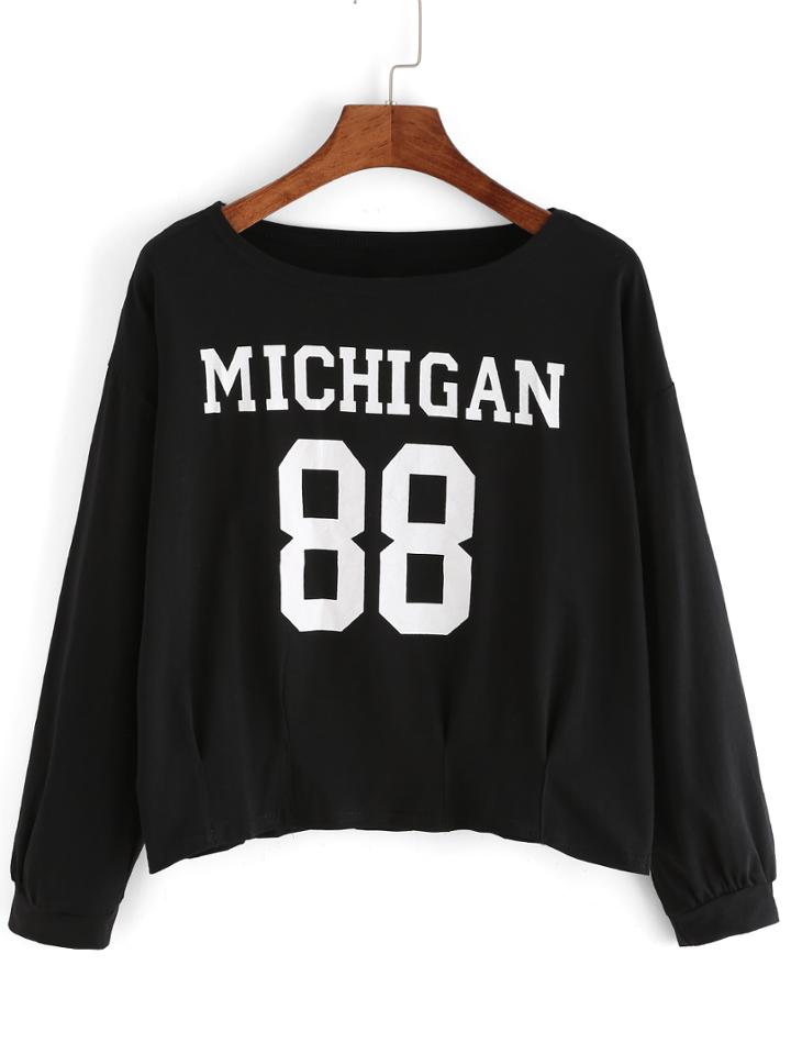 Romwe Dropped Shoulder Seam Letters Print Black T-shirt
