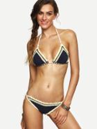 Romwe Contrast Trim Halter Neck Navy Crochet Bikini Set