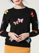 Romwe Black Butterfly Applique Pouf Sweater