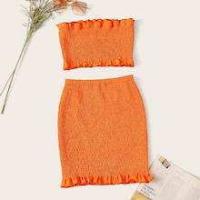 Romwe Frill Trim Smocked Bandeau Top & Skirt Set
