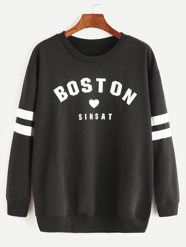 Romwe Black Letter Print Striped Trim Sweatshirt