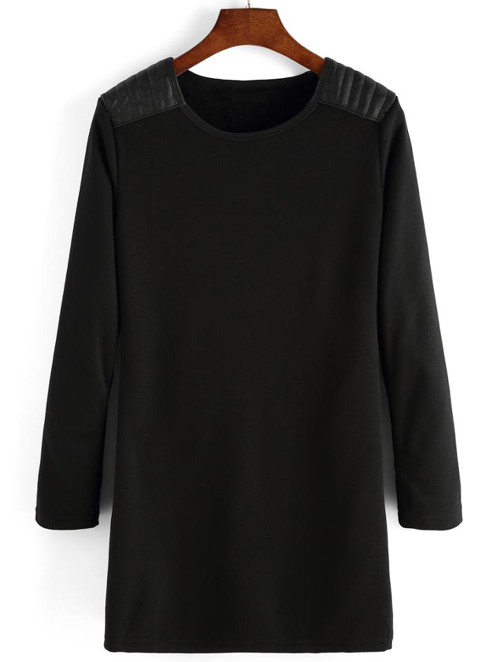 Romwe Long Sleeve Pu Splicing Straight Black Dress