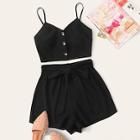 Romwe Button Front Cami Top And Tie Front Shorts Set