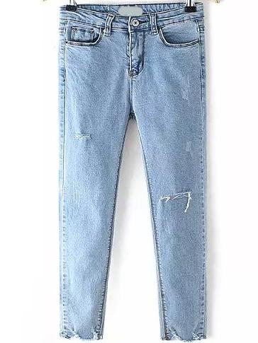 Romwe Ripped Denim Slim Light Blue Pant