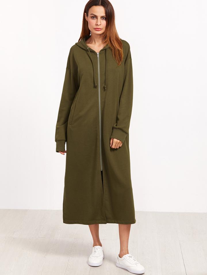 Romwe Army Green Letter Print Zipper Front Longline Hoodie