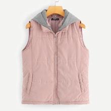 Romwe Contrast Hoodie Zip Up Puffer Vest